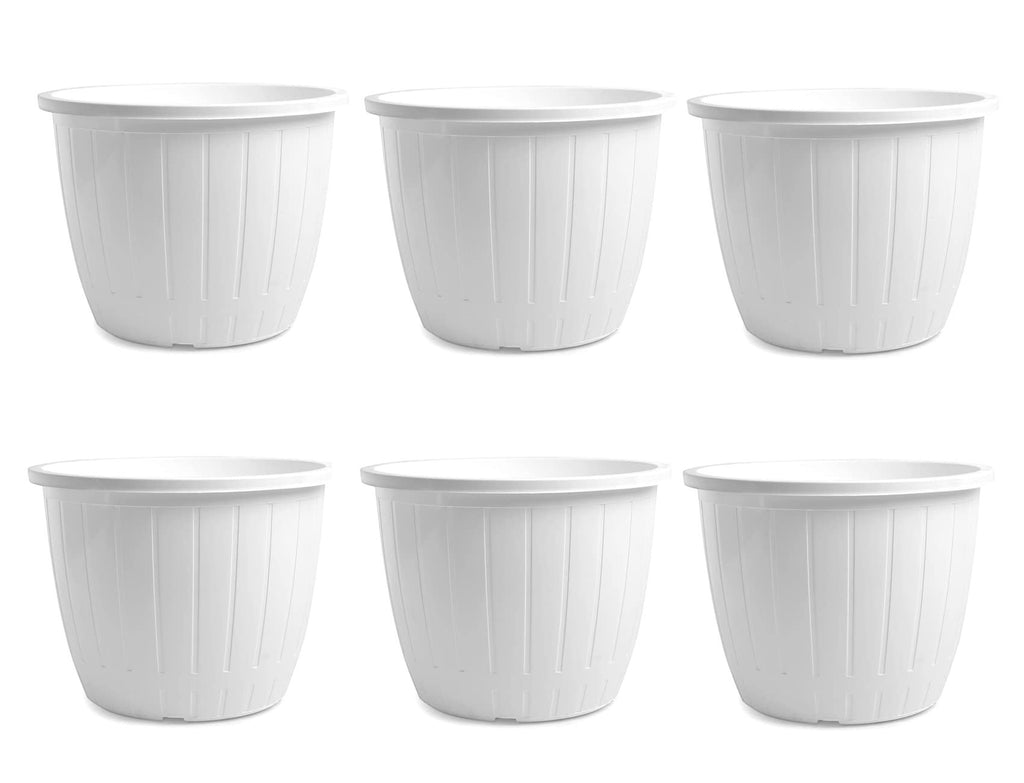 GoHooked white plastic flower pots, 10-inch planters with vertical ribbed design, pack of 6.