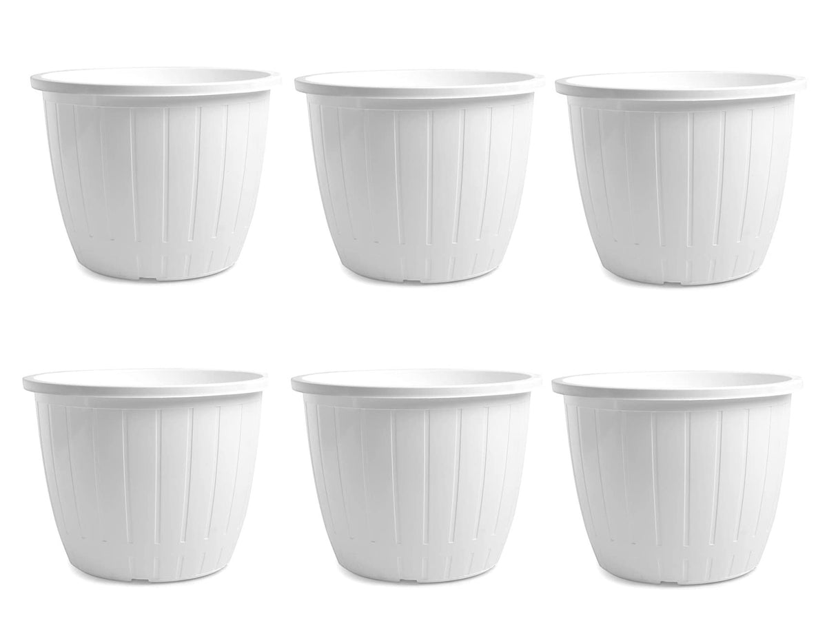 GoHooked white plastic flower pots, 10-inch planters with vertical ribbed design, pack of 6.