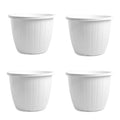 GoHooked white plastic flower pots, 10 inch, pack of 4, with a ribbed design for indoor/outdoor gardening.