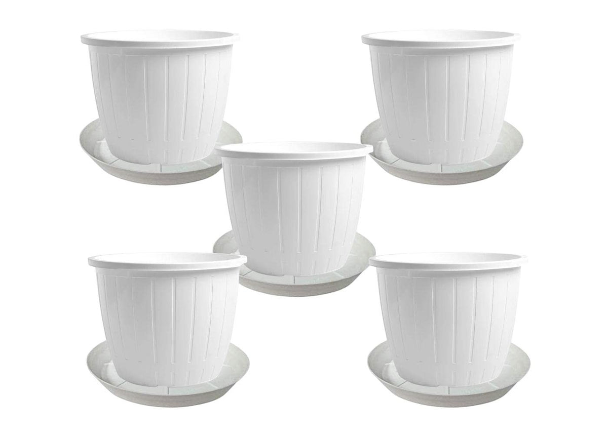 GoHooked white plastic 10-inch flower pots with trays, pack of 5. Ideal for indoor/outdoor gardening.