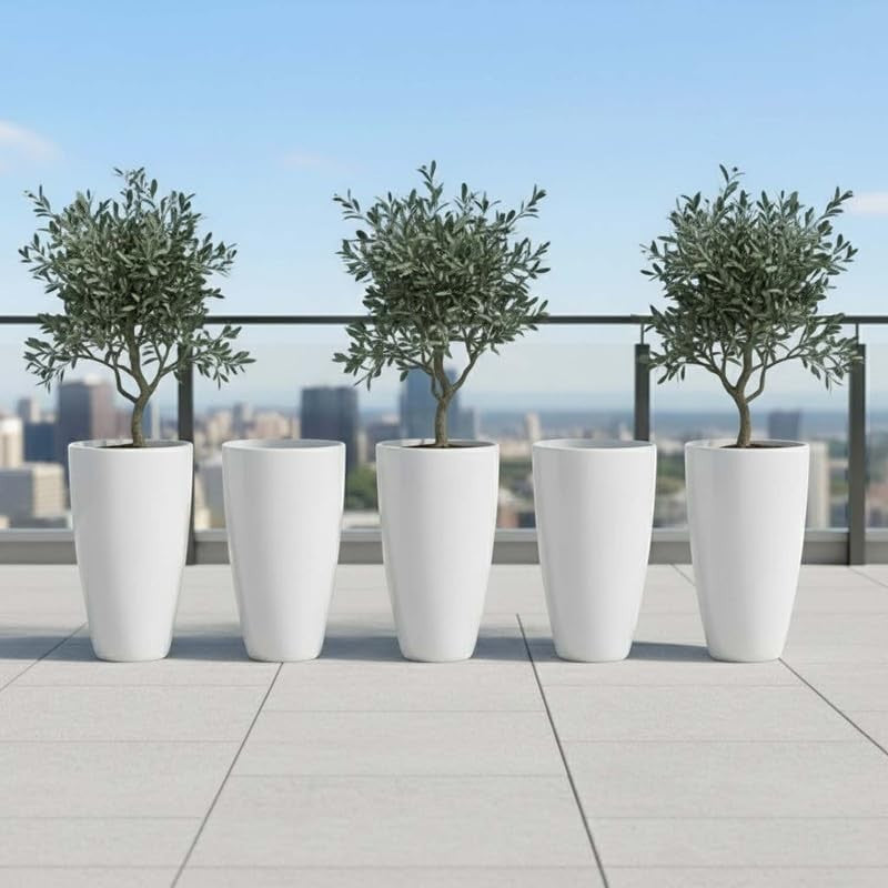 GoHooked pack of 5 tall white plastic flower pots for indoor/outdoor plants, 14-inch modern floor planters.