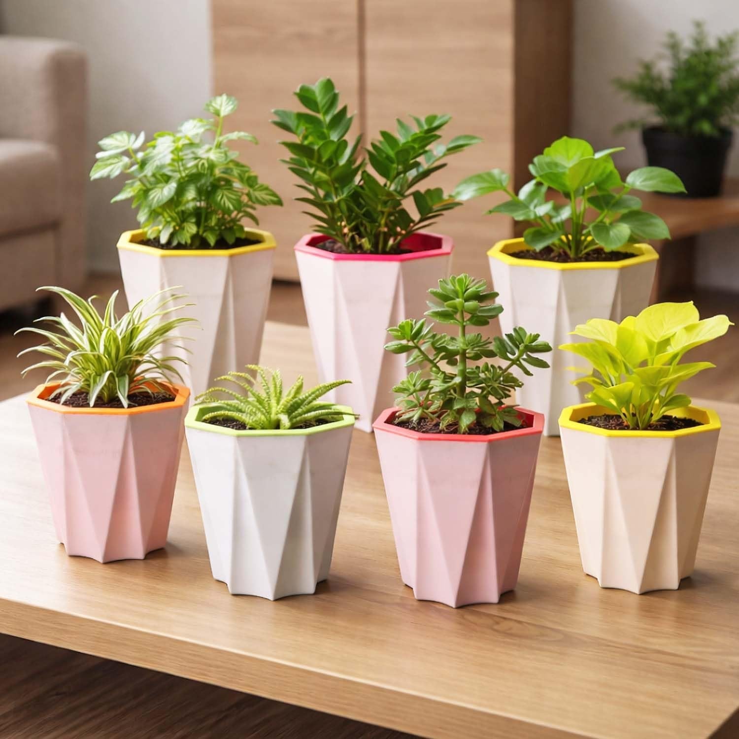 GoHooked white faceted plastic flower pots with colorful rims holding small plants on a wooden table.