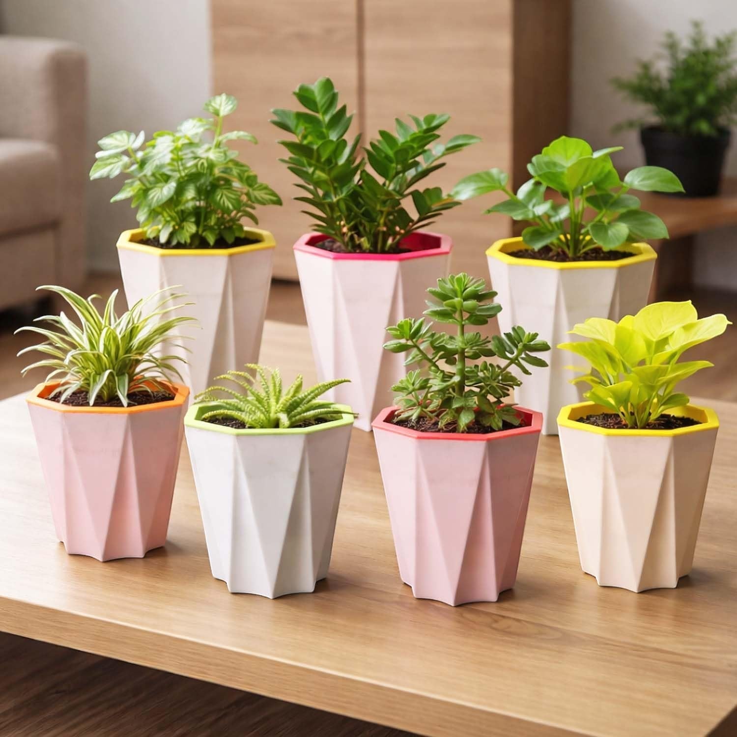 GoHooked white plastic flower pots with colorful rims in yellow, pink, and orange, featuring a modern geometric design and holding small indoor plants.