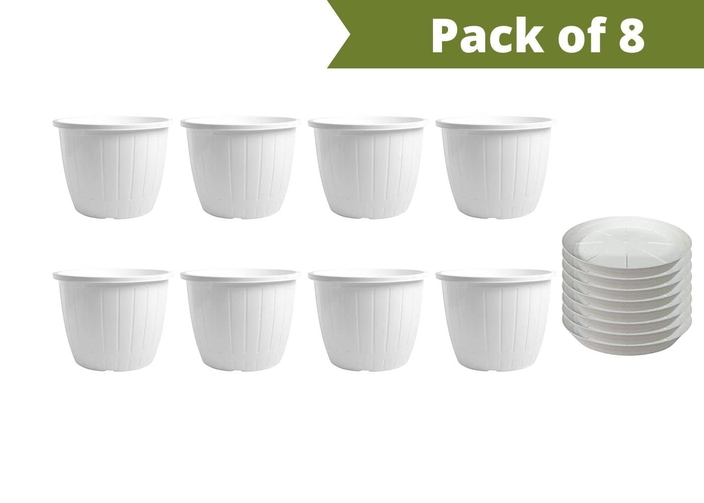 GoHooked white plastic flower pots, pack of 8, 8-inch planters with matching trays, ideal for indoor/outdoor gardening.