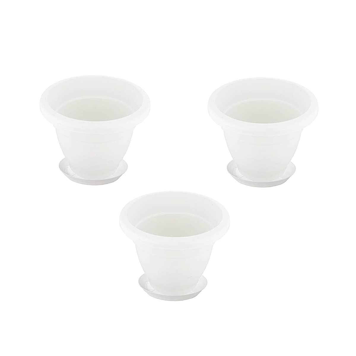 GoHooked white plastic 10-inch flower pots with matching bottom plates, pack of 3. Ideal for indoor or outdoor plants.