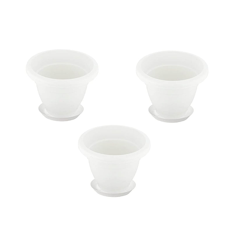 GoHooked white plastic 10-inch flower pots with matching bottom plates, pack of 3. Ideal for indoor or outdoor plants.