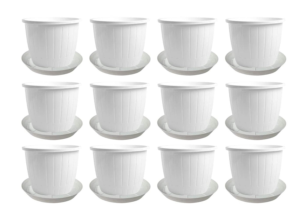 GoHooked white plastic Duro flower pots with trays, 8-inch, pack of 12, for indoor/outdoor gardening.