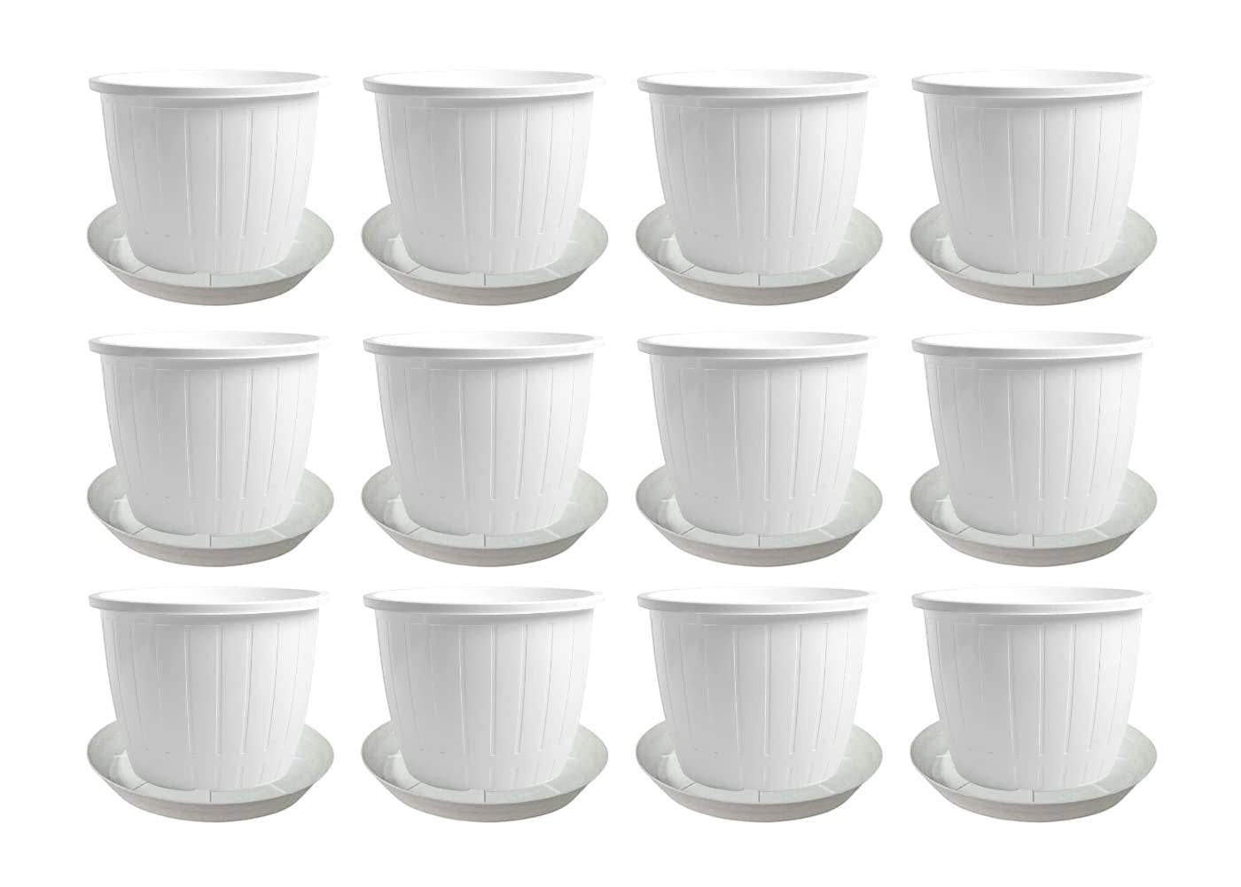 GoHooked white plastic Duro flower pots with trays, 8-inch, pack of 12, for indoor/outdoor gardening.