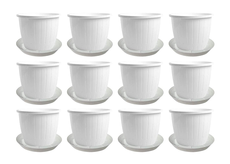 GoHooked white plastic Duro flower pots with trays, 8-inch, pack of 12, for indoor/outdoor gardening.