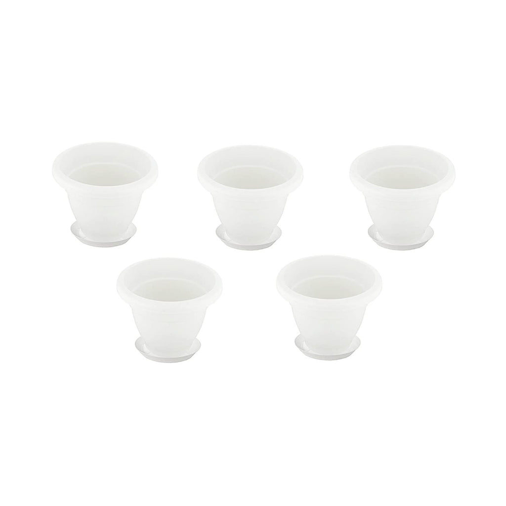 GoHooked 10 inch white plastic flower pots with bottom trays, pack of 5. Lightweight and reusable for indoor/outdoor plants.