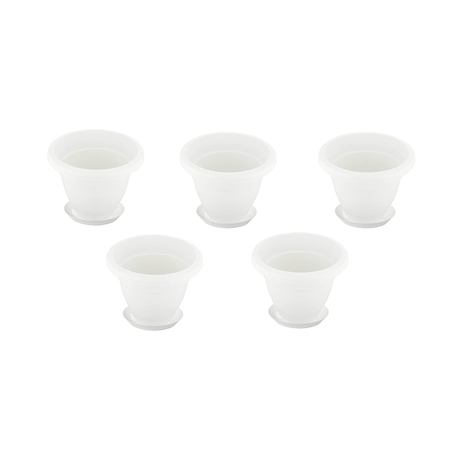GoHooked 10 inch white plastic flower pots with bottom trays, pack of 5. Lightweight and reusable for indoor/outdoor plants.