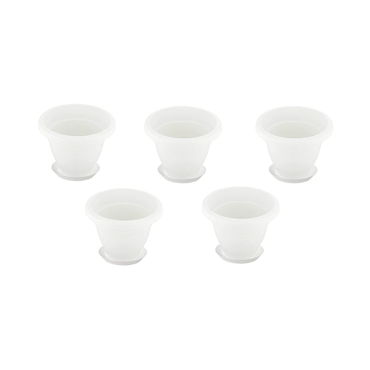 GoHooked white plastic 10-inch flower pots with matching bottom plates, pack of 5. Ideal for indoor or outdoor plants.