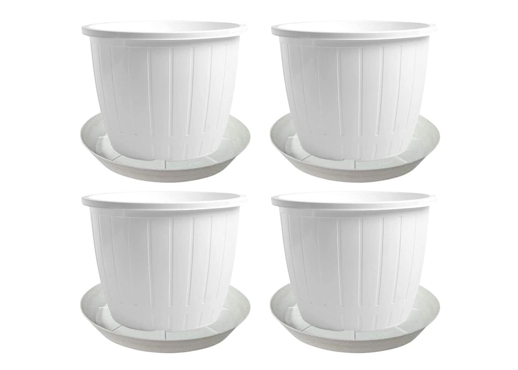 GoHooked white plastic Duro flower pots, 8 inch, pack of 4 with trays, for indoor/outdoor gardening.