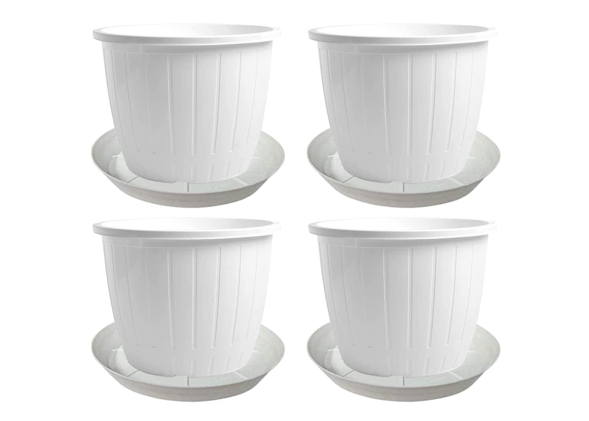 GoHooked white plastic Duro flower pots, 8 inch, pack of 4 with trays, for indoor/outdoor gardening.