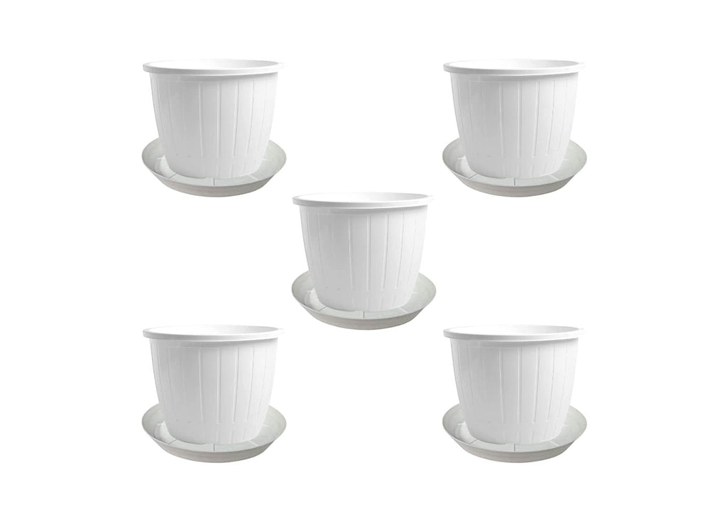 GoHooked white plastic flower pots with trays, 8 inch, pack of 5, for indoor/outdoor gardening.