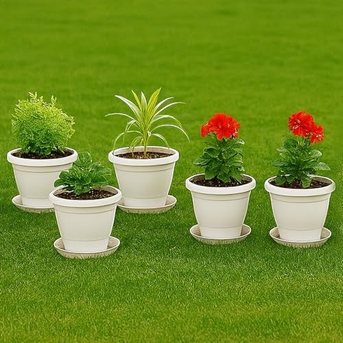 GoHooked white plastic 10-inch flower pots with saucers, holding various plants including red flowers.