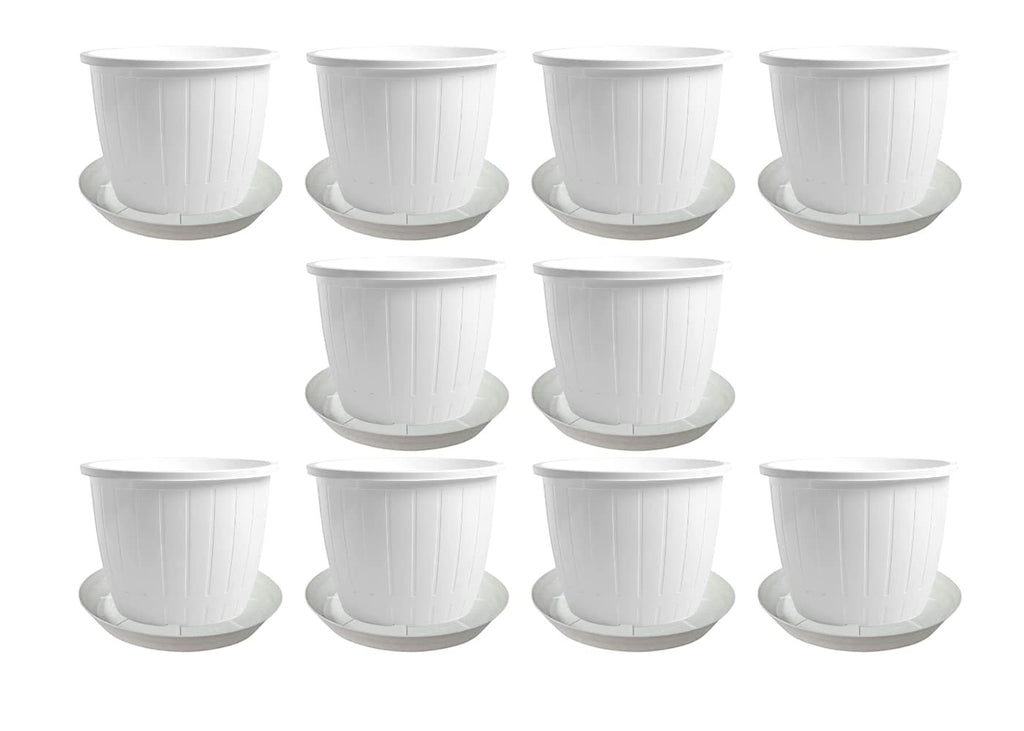 GoHooked 10 white plastic flower pots with trays, 8-inch diameter, durable and UV-stabilized for indoor/outdoor gardening.