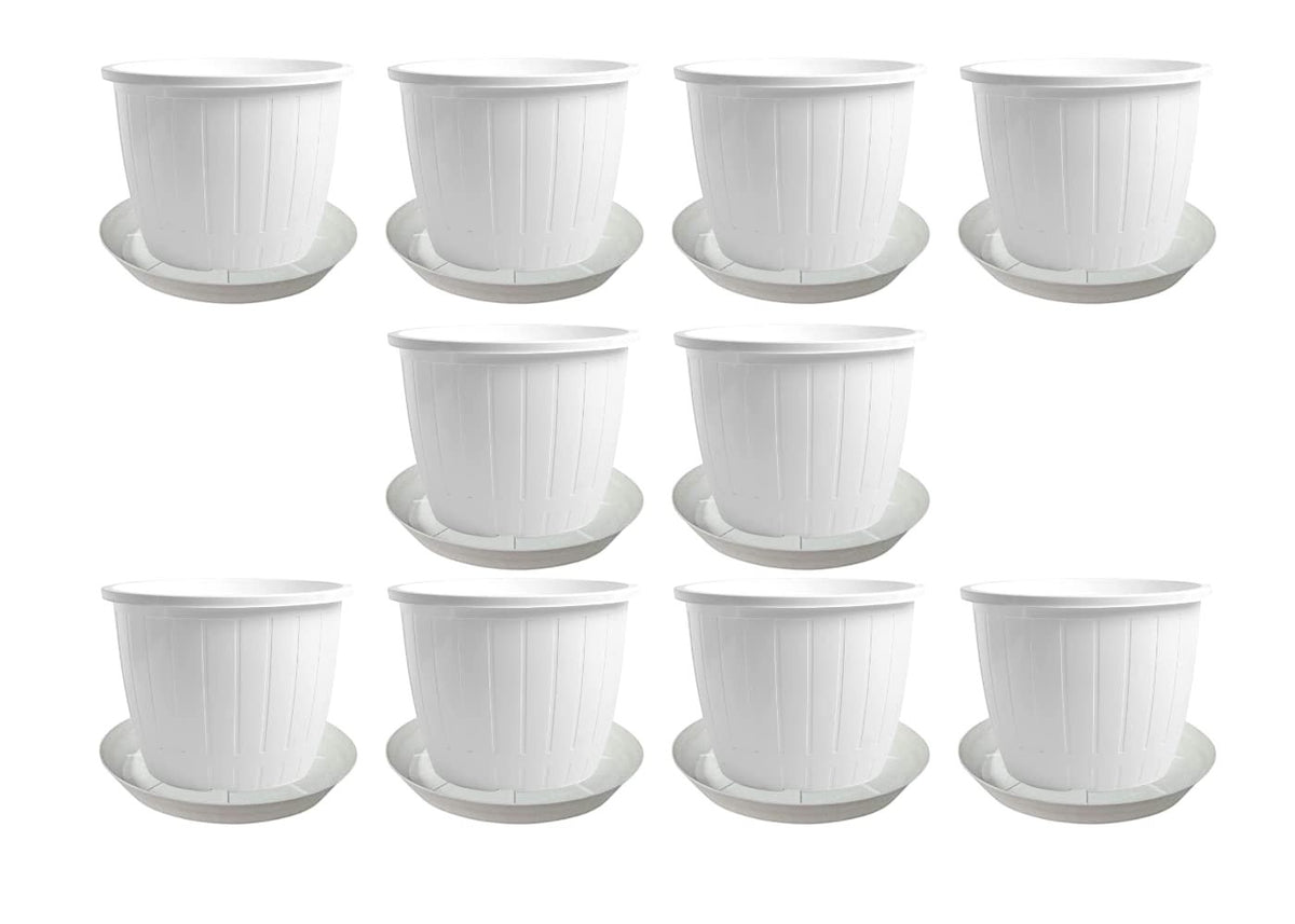 GoHooked 10 white plastic flower pots with trays, 8-inch diameter, durable and UV-stabilized for indoor/outdoor gardening.