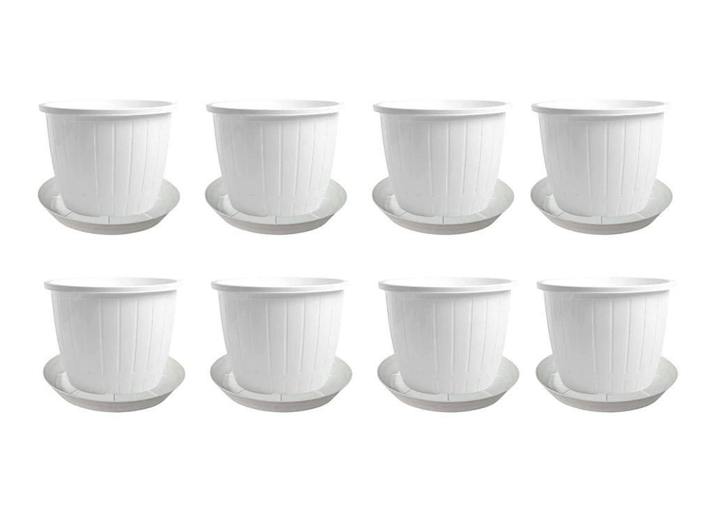 GoHooked white plastic flower pots with trays, 8 inch, pack of 8, for indoor/outdoor gardening.