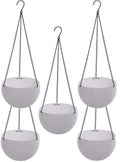 GoHooked set of 5 white plastic rattan hanging baskets with metal chains. 7.1 inch diameter.