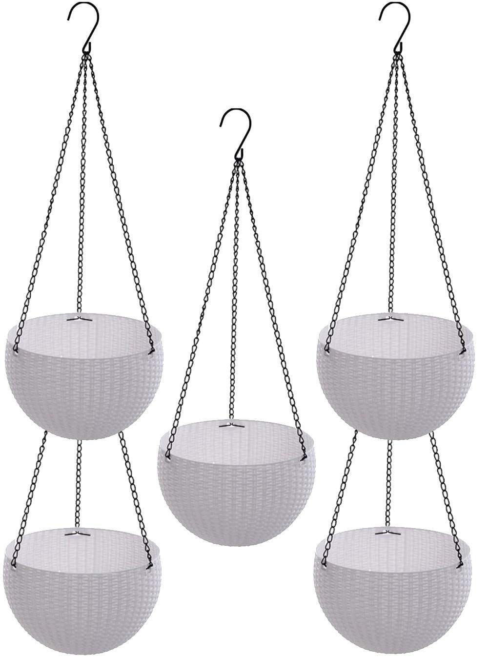 GoHooked set of 5 white plastic rattan hanging baskets with metal chains. 7.1 inch diameter.