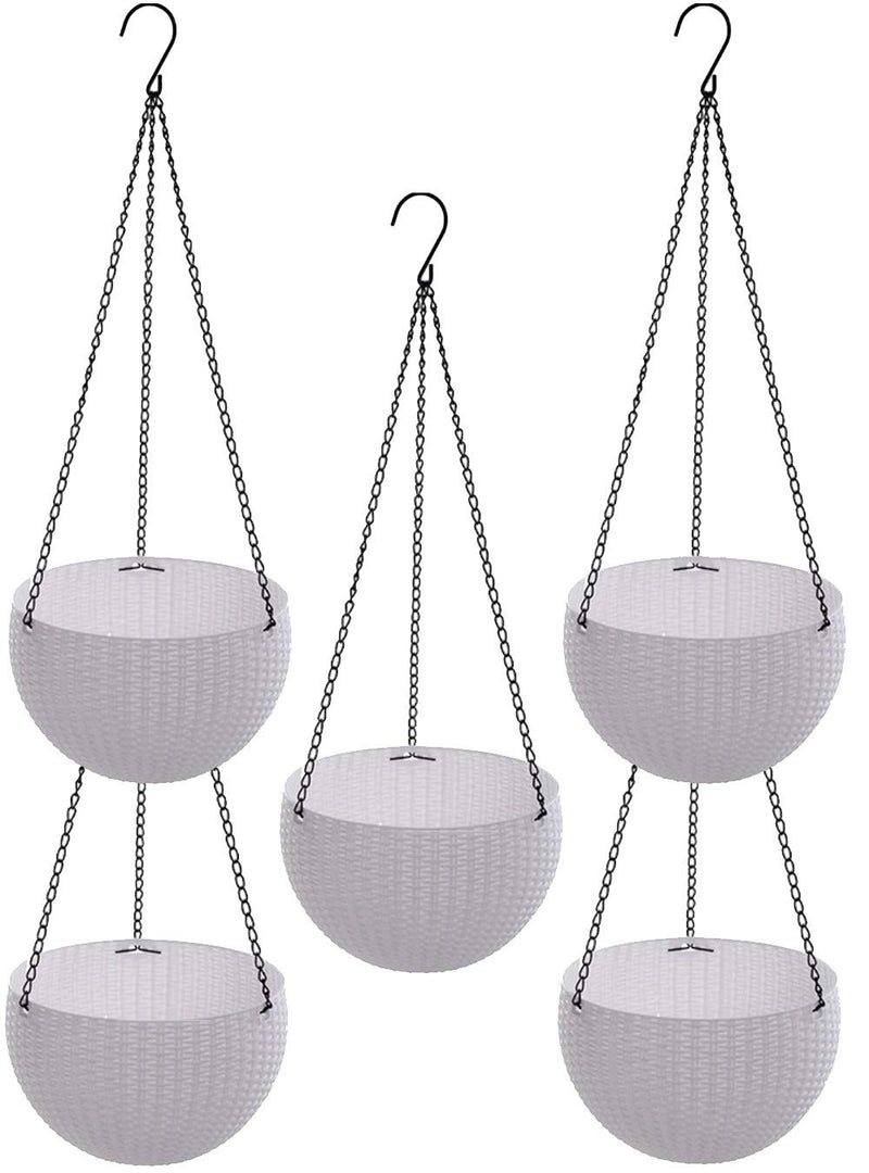 GoHooked set of 5 white plastic rattan hanging baskets with metal chains. 7.1 inch diameter.