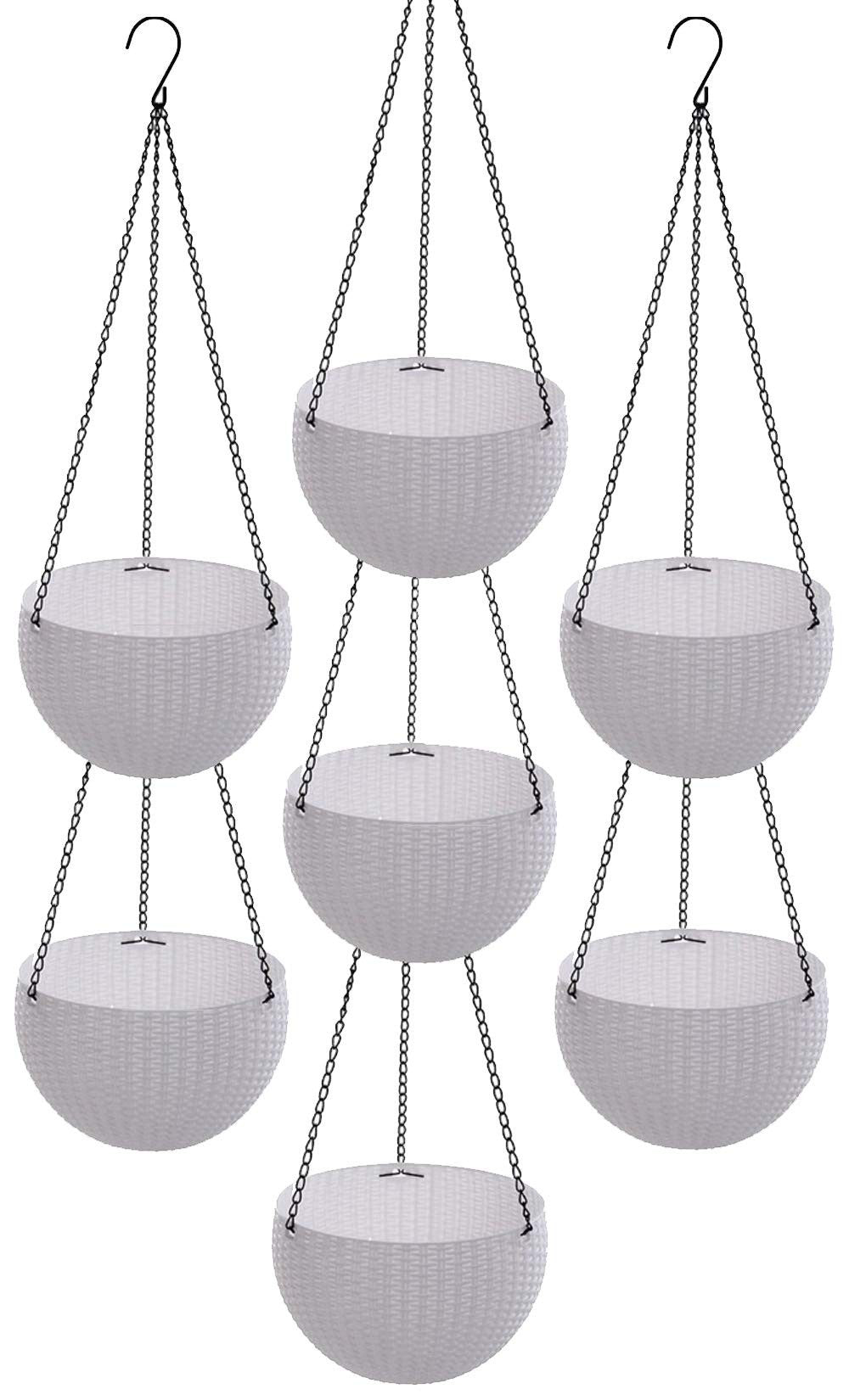 GoHooked white plastic rattan hanging baskets with metal chains, set of 7. Ideal for indoor/outdoor use.
