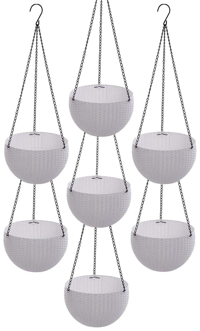 GoHooked white plastic rattan hanging baskets with metal chains, set of 7. Ideal for indoor/outdoor use.