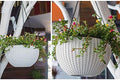 Go Hooked white plastic hanging flower pot with woven texture, 7.1 inch diameter, 4.8 inch height.