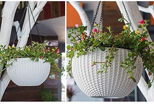 Go Hooked white plastic hanging flower pot with woven texture, 7.1 inch diameter, 4.8 inch height.