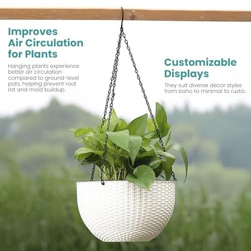 Go Hooked white plastic hanging flower pot with woven texture and black chain. Improves air circulation for plants.
