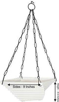 GoHooked white plastic hanging flower pot, 9x9x4.5 inches, with a tiered design and metal chain.