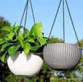 GoHooked white plastic hanging flower pots with woven texture, 7.1 inch diameter, 4.8 inch height. Set of 7.