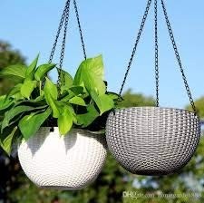 GoHooked white plastic hanging flower pots with woven texture, 7.1 inch diameter, 4.8 inch height. Set of 7.