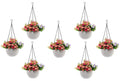 Go Hooked white plastic hanging flower pots with woven texture, filled with pink and purple artificial flowers. Set of 7.