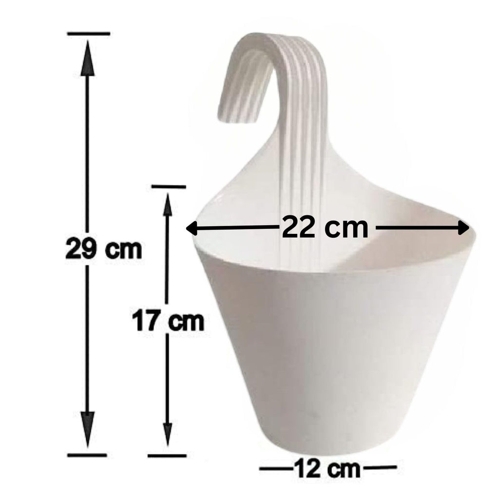 GoHooked white plastic hanging planter with a 22 cm diameter and 17 cm height, ideal for balconies and railings.