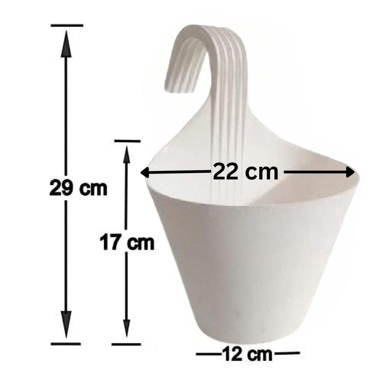GoHooked white plastic hanging planter with a 22 cm diameter and 17 cm height, ideal for balconies and railings.