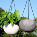 GoHooked white plastic hanging planter with woven texture, 7.1 inch diameter, for indoor/outdoor use.