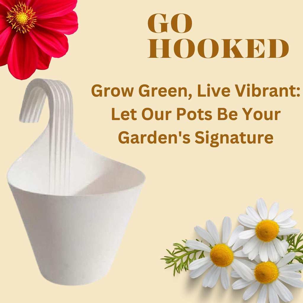 Go Hooked white plastic hanging planter with a curved handle, ideal for vertical gardens and balconies.