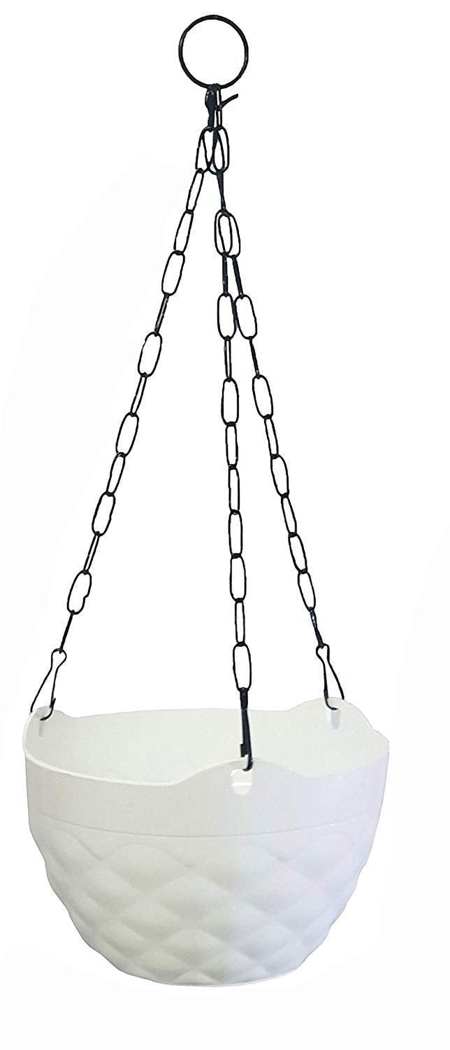 GoHooked white diamond pattern plastic hanging planter pot with chain, 7.5 inch diameter