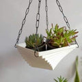 GoHooked white plastic twister hanging planter set with two succulents. Ideal for balcony or garden.