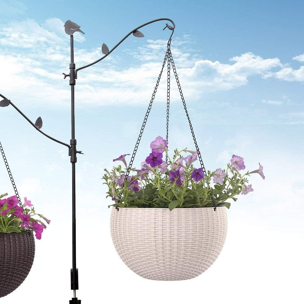 GoHooked Set of 3 white plastic round hanging planters with woven texture, filled with purple flowers.