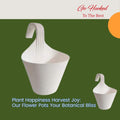 Go Hooked white plastic hanging planter with a curved handle, ideal for balconies and railing gardens. Set of 5.