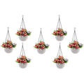 GoHooked white plastic hanging rattan planters with pink and purple flowers, set of 7