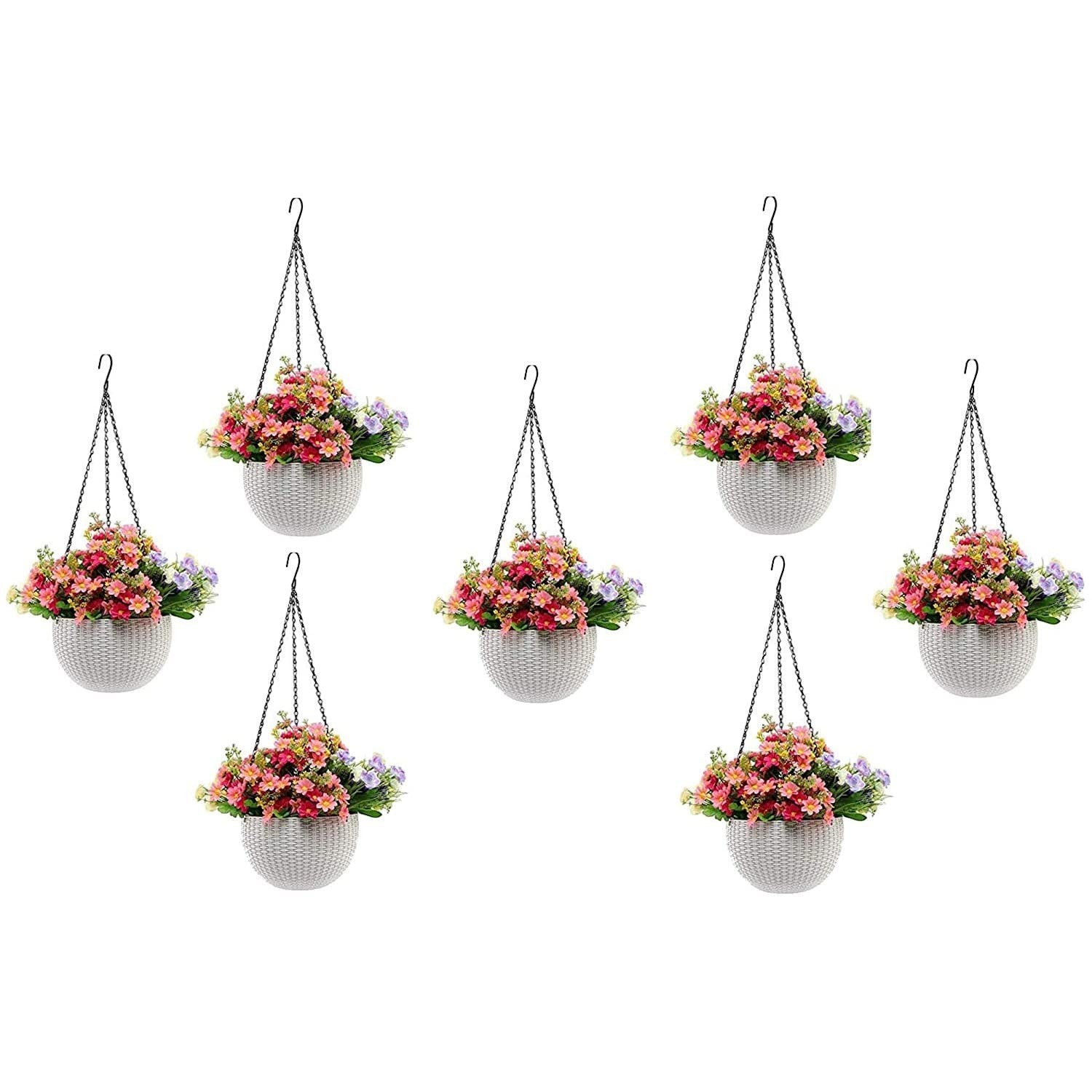GoHooked white plastic hanging rattan planters with pink and purple flowers, set of 7