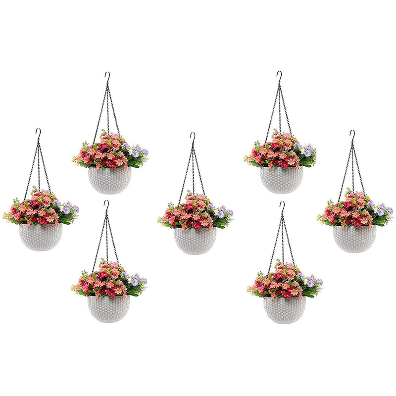 GoHooked white plastic hanging rattan planters with pink and purple flowers, set of 7