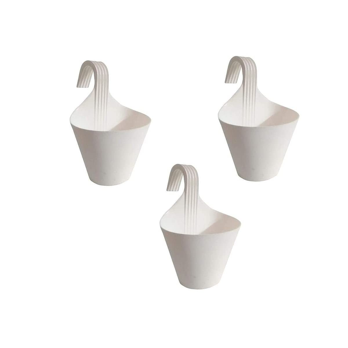 GoHooked white plastic hanging planters with hooks, set of 3. Ideal for balconies and railings.
