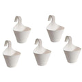 Set of 5 white plastic hanging planters by GoHooked, perfect for balconies and railings.