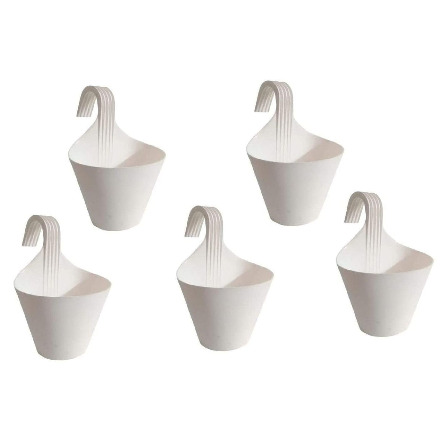 Set of 5 white plastic hanging planters by GoHooked, perfect for balconies and railings.