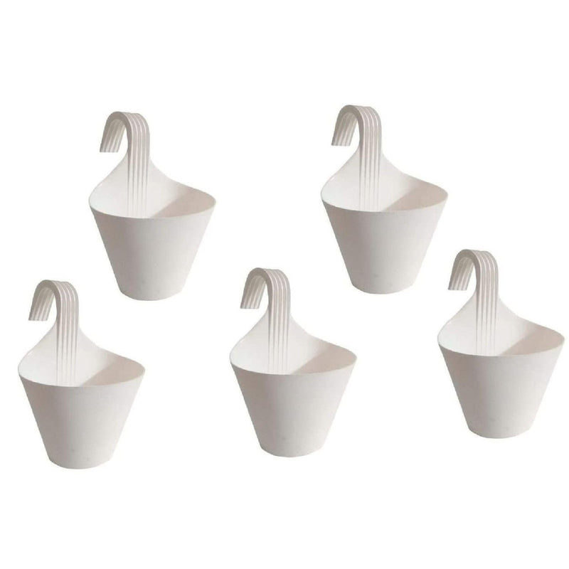 Set of 5 white plastic hanging planters by GoHooked, perfect for balconies and railings.